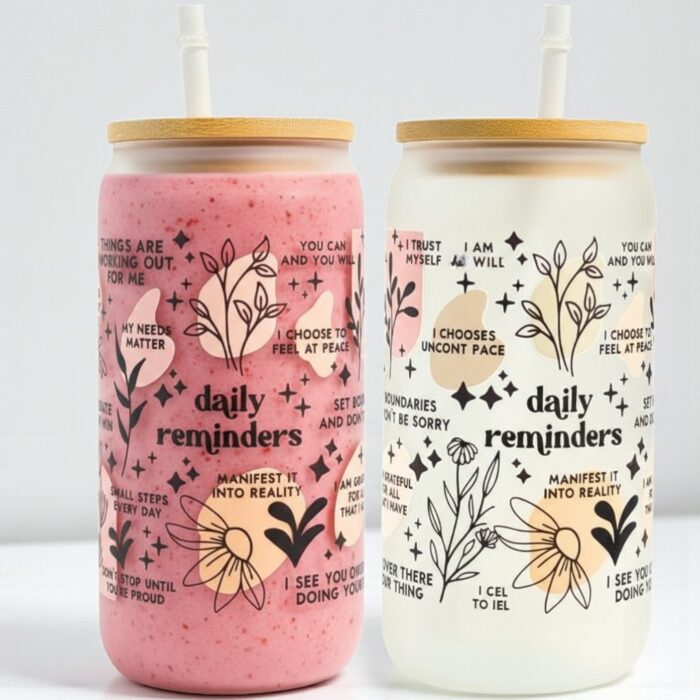 Daily Reminders Motivational Glass Tumbler with Straw 16 oz