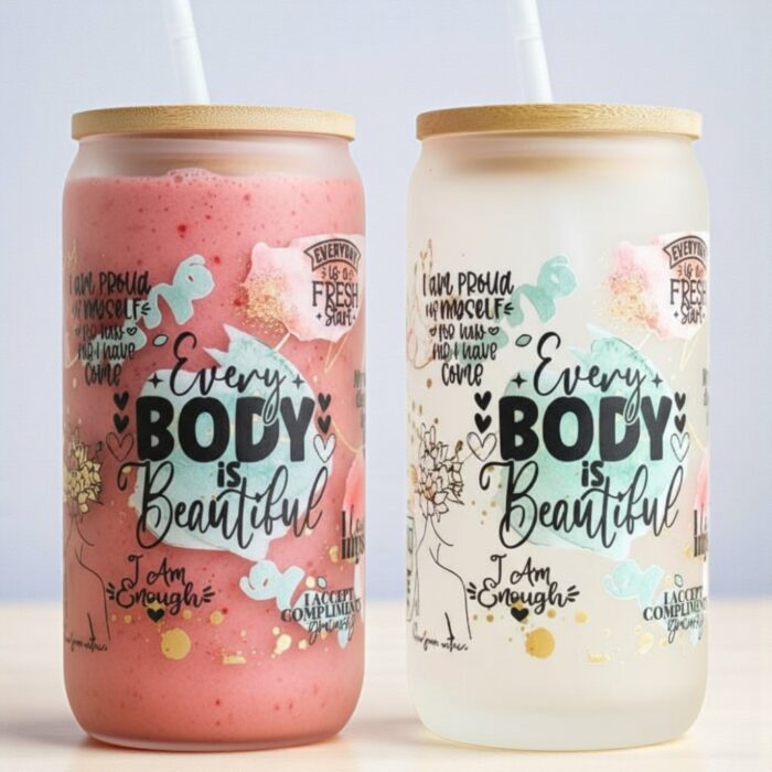 Every Body Is Beautiful Self Love Glass Tumbler with Straw