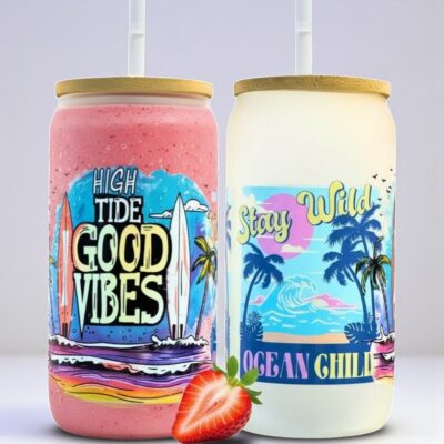 High Tide Good Vibes Glass Tumbler with Straw16 oz