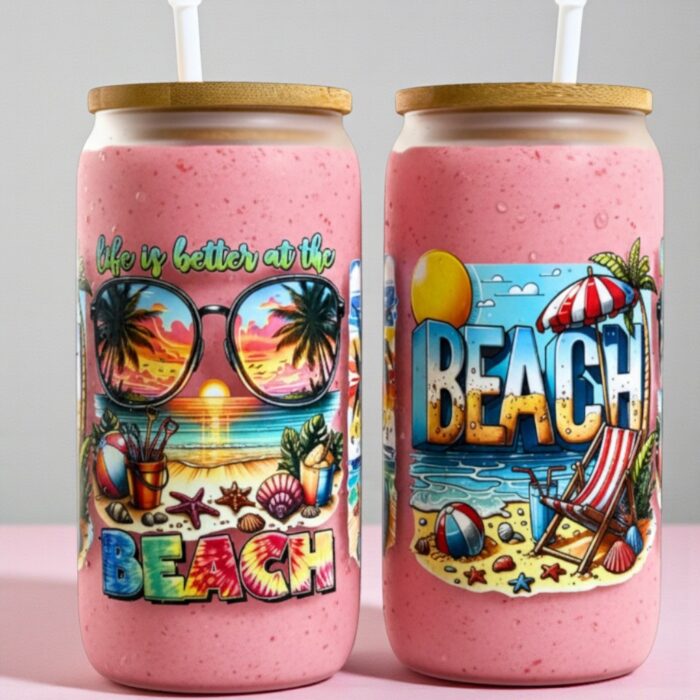 Beach Life Vibes Glass Tumbler with Straw 16 oz