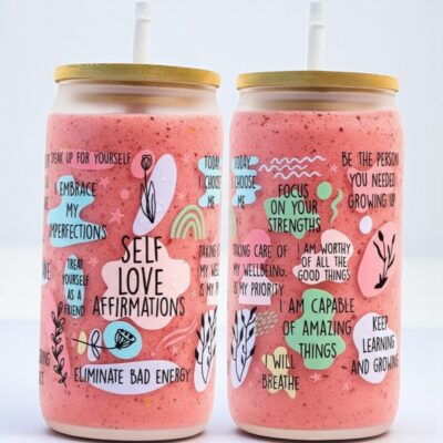 Self Love Daily Affirmations Decorative Glass Tumbler with Straw16 oz