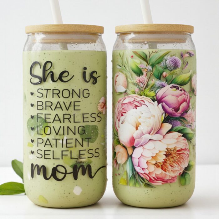 She Is Mom Decorative Glass Tumbler with Straw16 oz