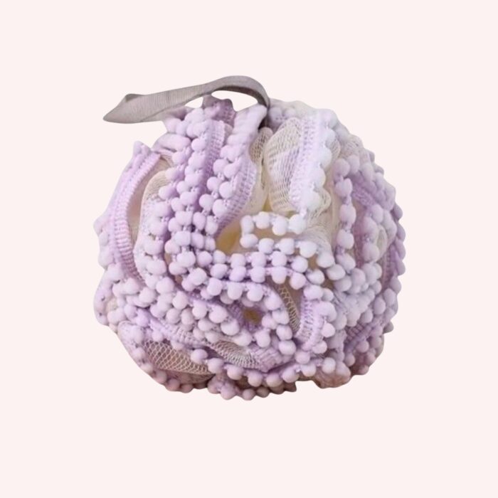 Exfoliating Bath Sponge with Hanging Ribbon in Purple