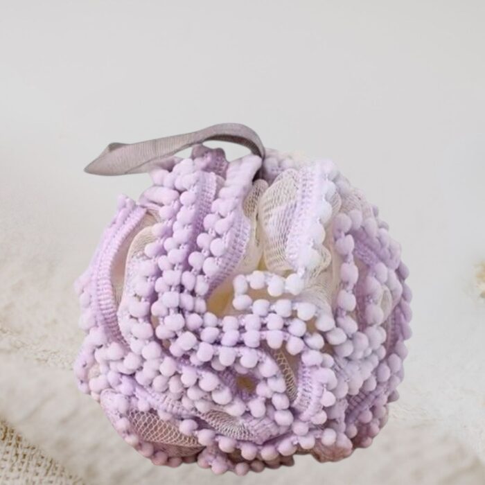 Exfoliating Bath Sponge with Hanging Ribbon in Purple
