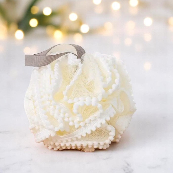 Exfoliating Bath Sponge with Hanging Ribbon in White